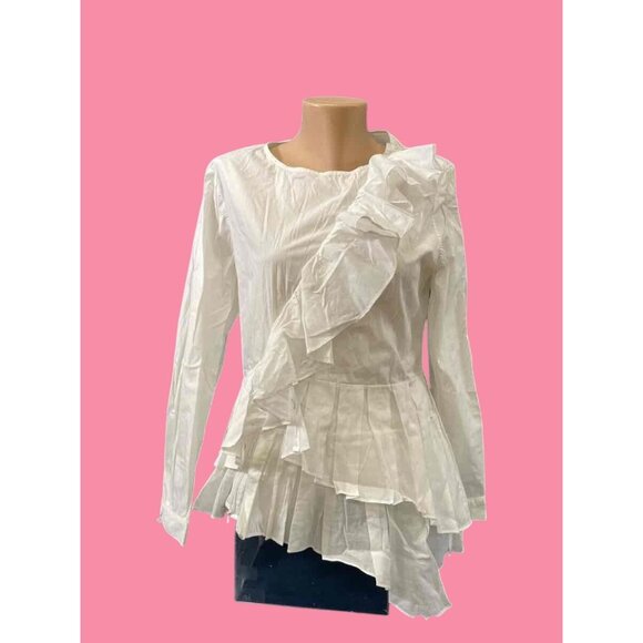 Anne Fontaine Ruffle Full Front Asym Zip Blouse Size 14 US Stretch RR10261 GUC - Picture 1 of 8